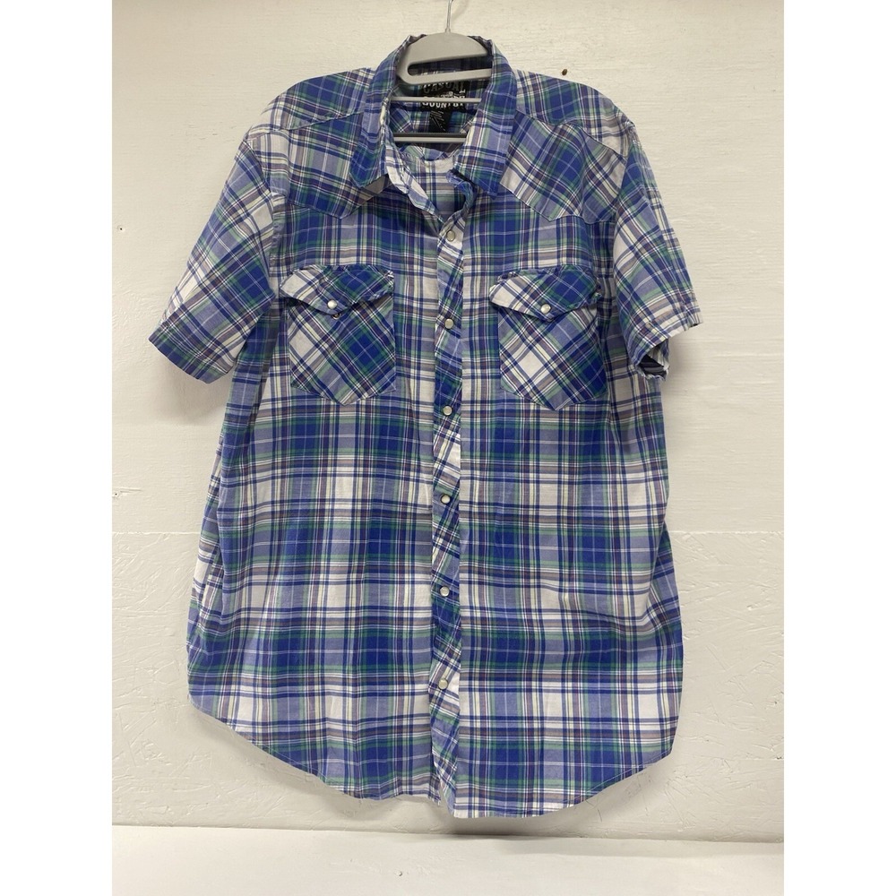 Casual Country Mens Shirt Size XXL‎ Blue Plaid Pearl Snap Short Sleeve Pocket